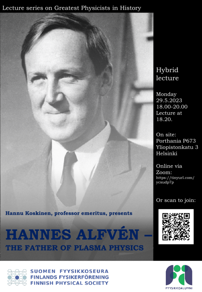 Image of Hannes Alfvén with invitation to the Greatest Physicist lecture on Monday, May 29th.