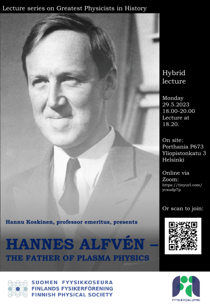 Image of Hannes Alfvén with invitation to the Greatest Physicist lecture on Monday, May 29th.  